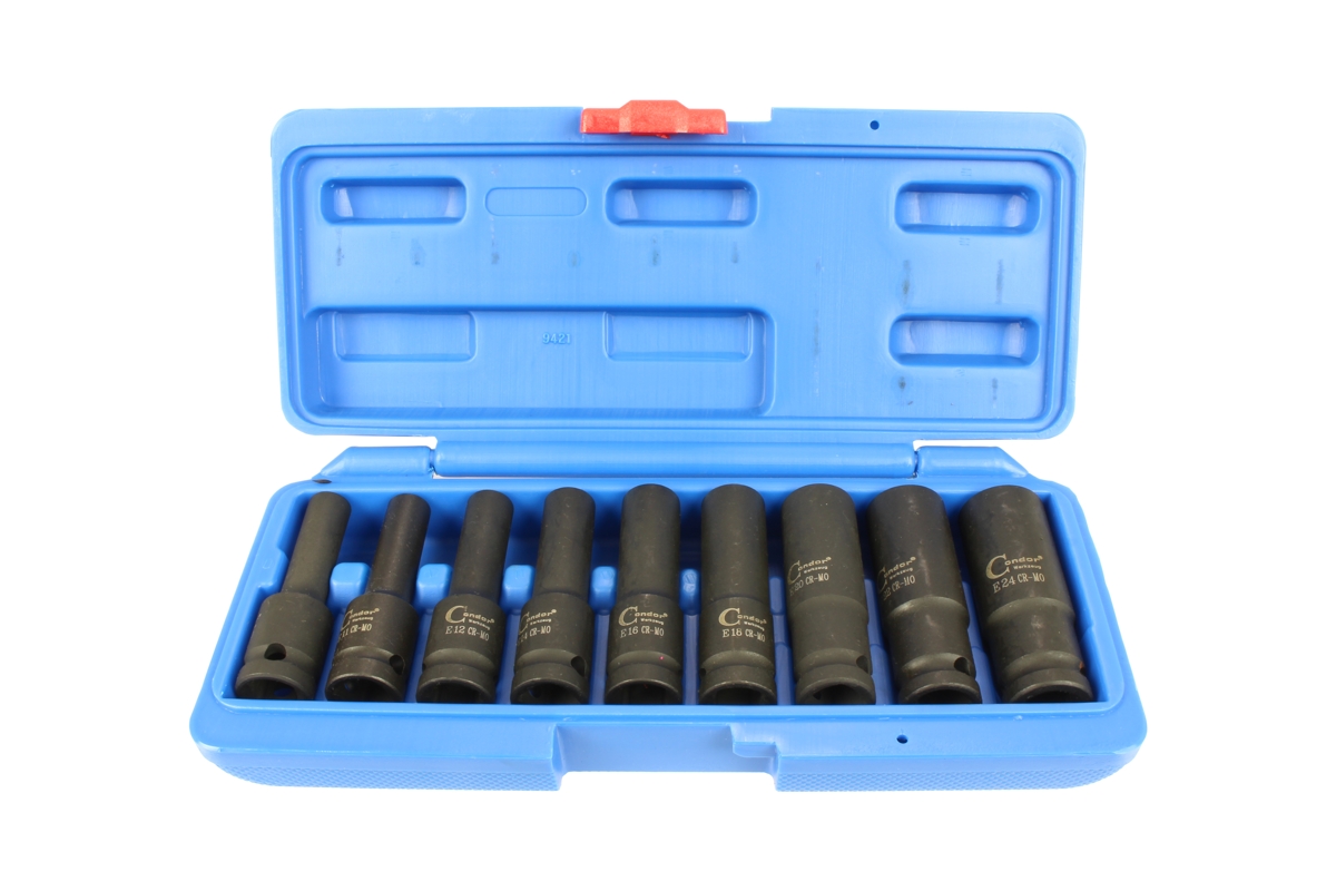 hlavice nástrčné 1/2", E-profil E10 - E24, prodloužené, tvrzené, sada 9 dílů - Hlavní obrázek