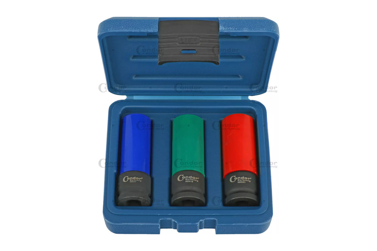 hlavice nástrčné 1/2", 6ti hran 17 - 21 mm, prodloužené magnetické, tvrzené, na Alu kola, sada 3 díly - Hlavní obrázek