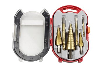Vrtáky stupňovité průměr 4,0 - 32,0 mm, vrtáky frézovací průměr 3,0 - 8,0 mm, HSS-TiN, sada 6 dílů - produktové foto